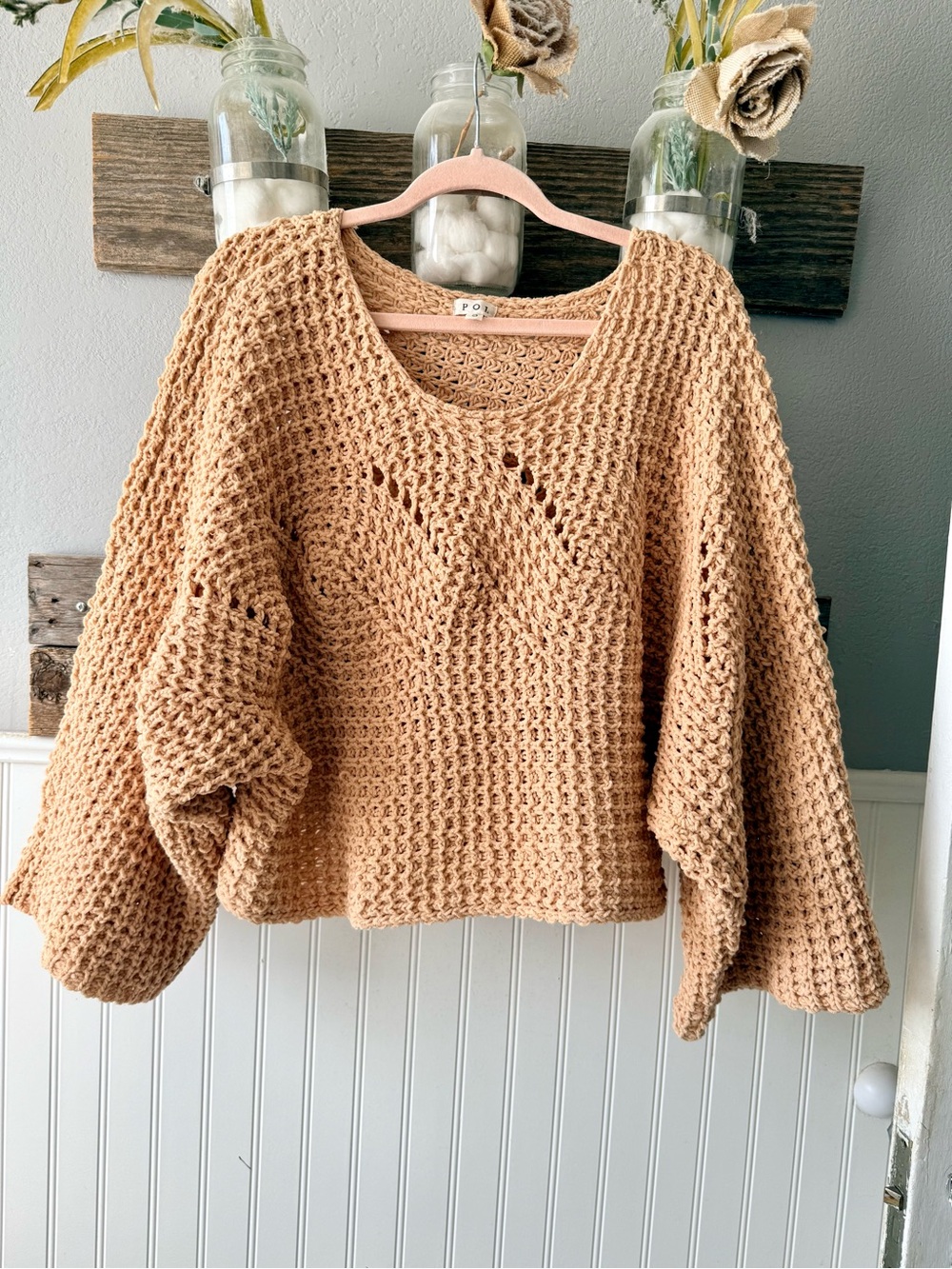 POL Chunky Crochet Scoop Neck Sweater in Camel